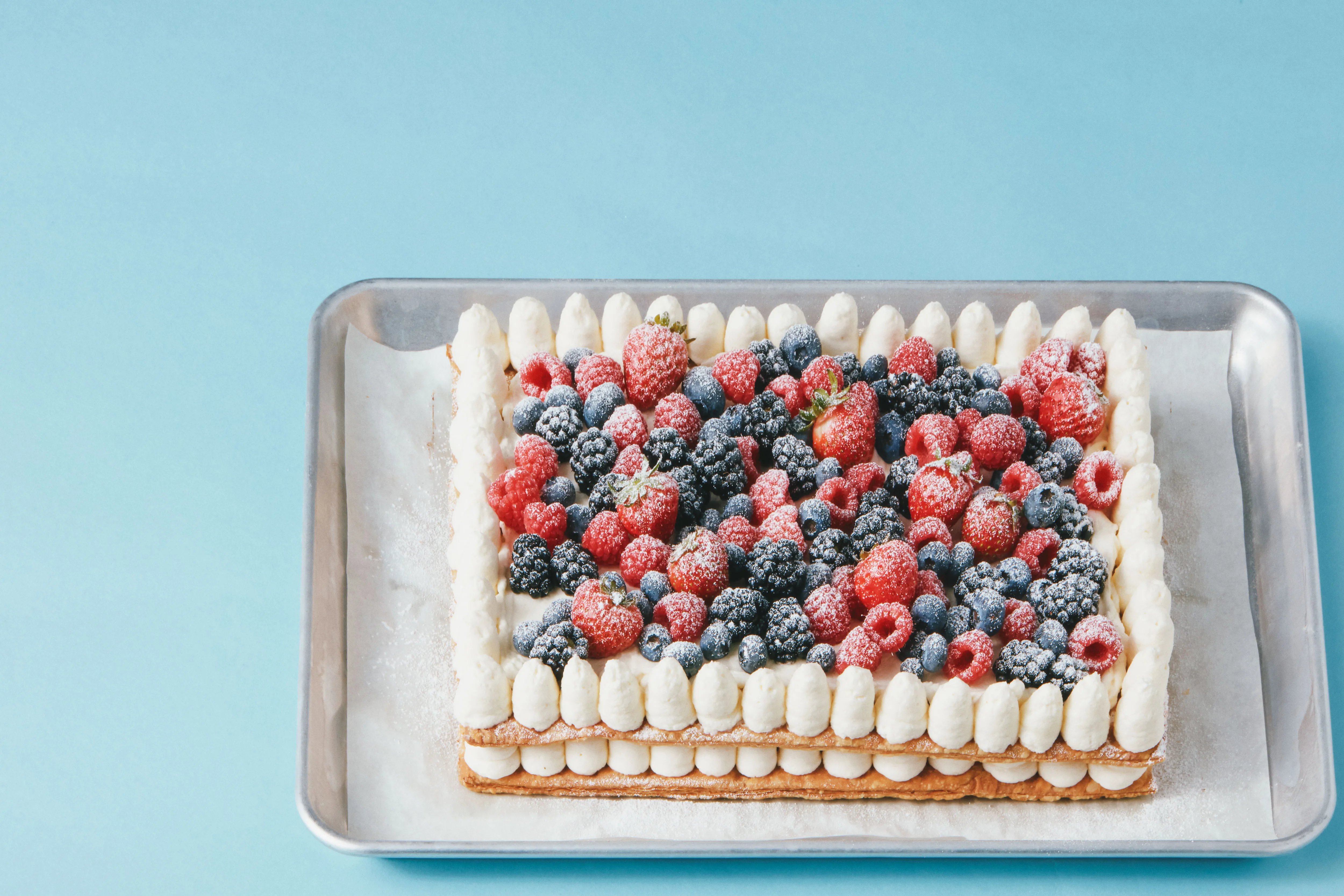 Berries and Cream Mille-Feuille Recipe Presented as Flag Cake Alternative